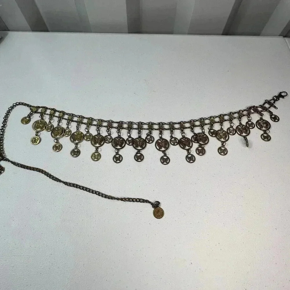 Gold Toneโ Ornate Boho Butterfly Concho Belly Body Chain Link Belt Patina